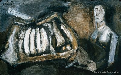 **Figure with Trussed Bull**, 1958, 60×90 cm, oil on canvas
